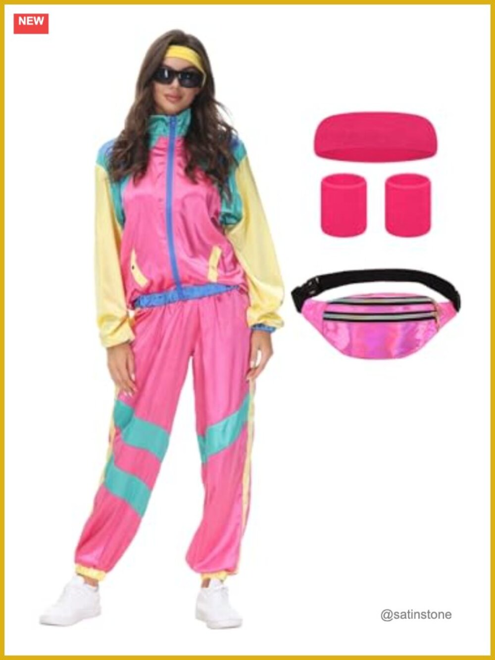 80s Tracksuit Set Women Windbreaker Jumpsuit Headband Wristband Workout